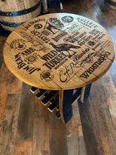 Load image into Gallery viewer, Barrel Lid Table with Vintage Barrel Made Legs & Shelf