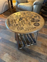 Load image into Gallery viewer, Barrel Lid Table with Vintage Barrel Made Legs & Shelf
