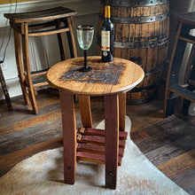 Load image into Gallery viewer, Barrel Lid Table with Vintage WINE Barrel Made Legs & Shelf