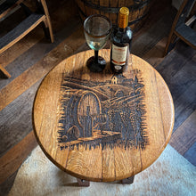 Load image into Gallery viewer, Barrel Lid Table with Vintage WINE Barrel Made Legs & Shelf