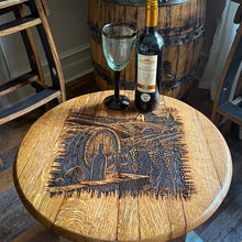 Load image into Gallery viewer, Barrel Lid Table with Vintage WINE Barrel Made Legs & Shelf