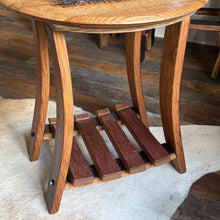 Load image into Gallery viewer, Barrel Lid Table with Vintage WINE Barrel Made Legs & Shelf