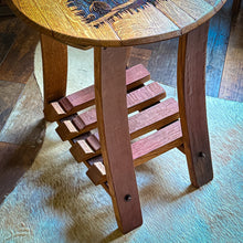Load image into Gallery viewer, Barrel Lid Table with Vintage WINE Barrel Made Legs & Shelf