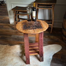Load image into Gallery viewer, Barrel Lid Table with Vintage WINE Barrel Made Legs & Shelf