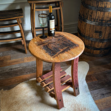 Load image into Gallery viewer, Barrel Lid Table with Vintage WINE Barrel Made Legs & Shelf