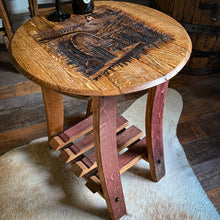 Load image into Gallery viewer, Barrel Lid Table with Vintage WINE Barrel Made Legs & Shelf