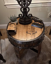 Load image into Gallery viewer, Barrel Table made from Barrel Top & Two Hoops