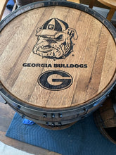 Load image into Gallery viewer, Table made from Barrel Top & Two Hoops