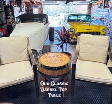Load image into Gallery viewer, Barrel Table made from Barrel Top &amp; Two Hoops
