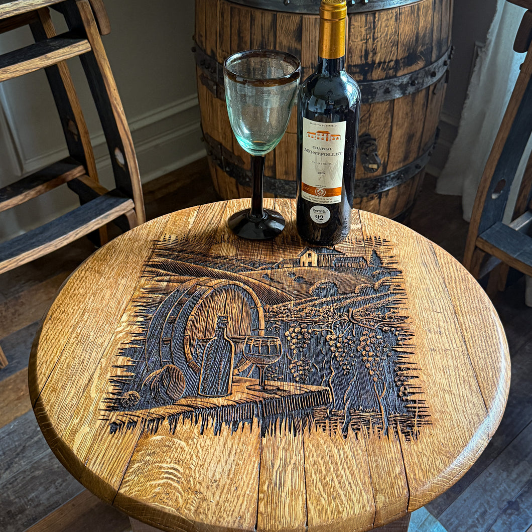 Barrel Lid Table with Vintage WINE Barrel Made Legs & Shelf
