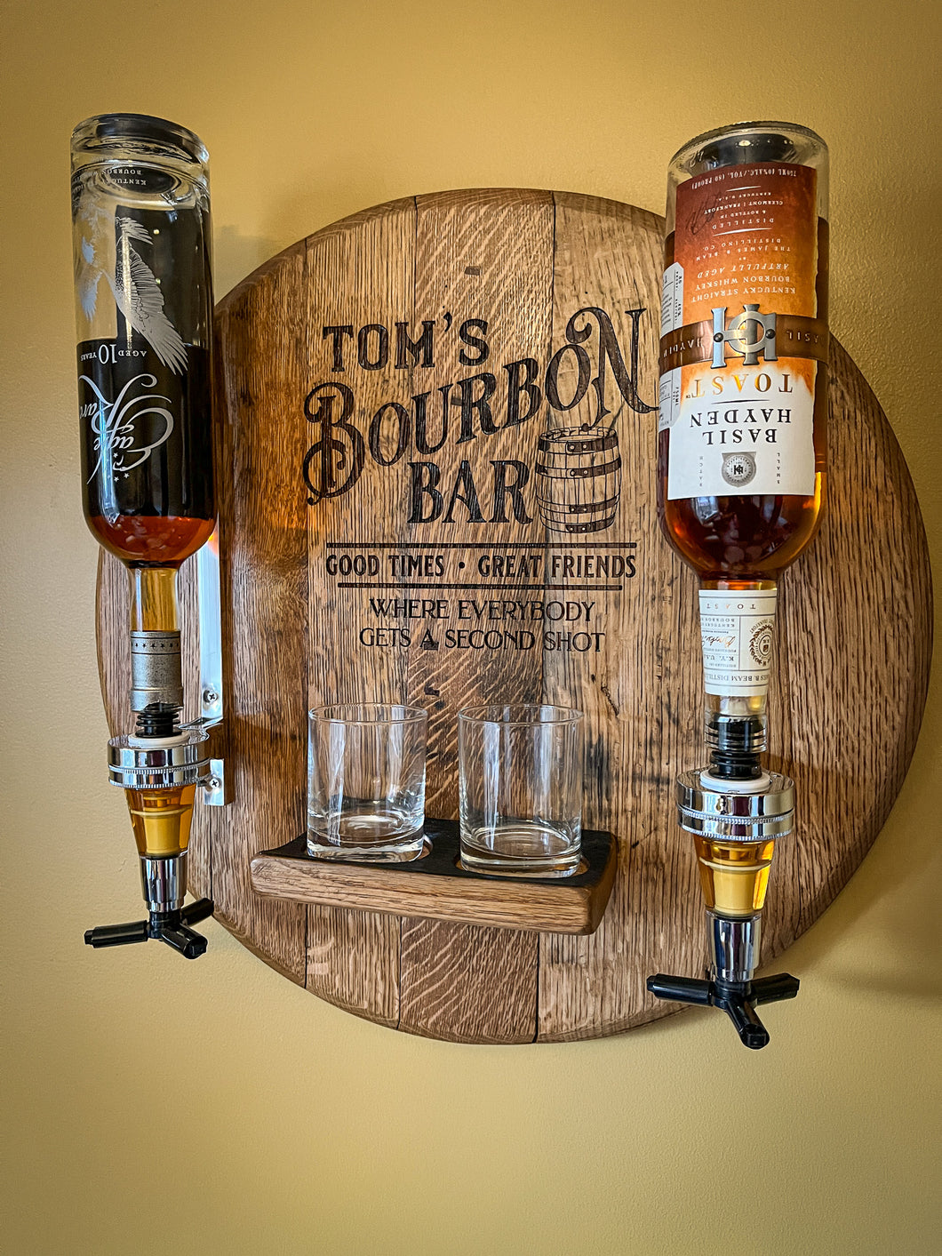Wall-Mounted Liquor Dispenser from Bourbon Barrel Lid