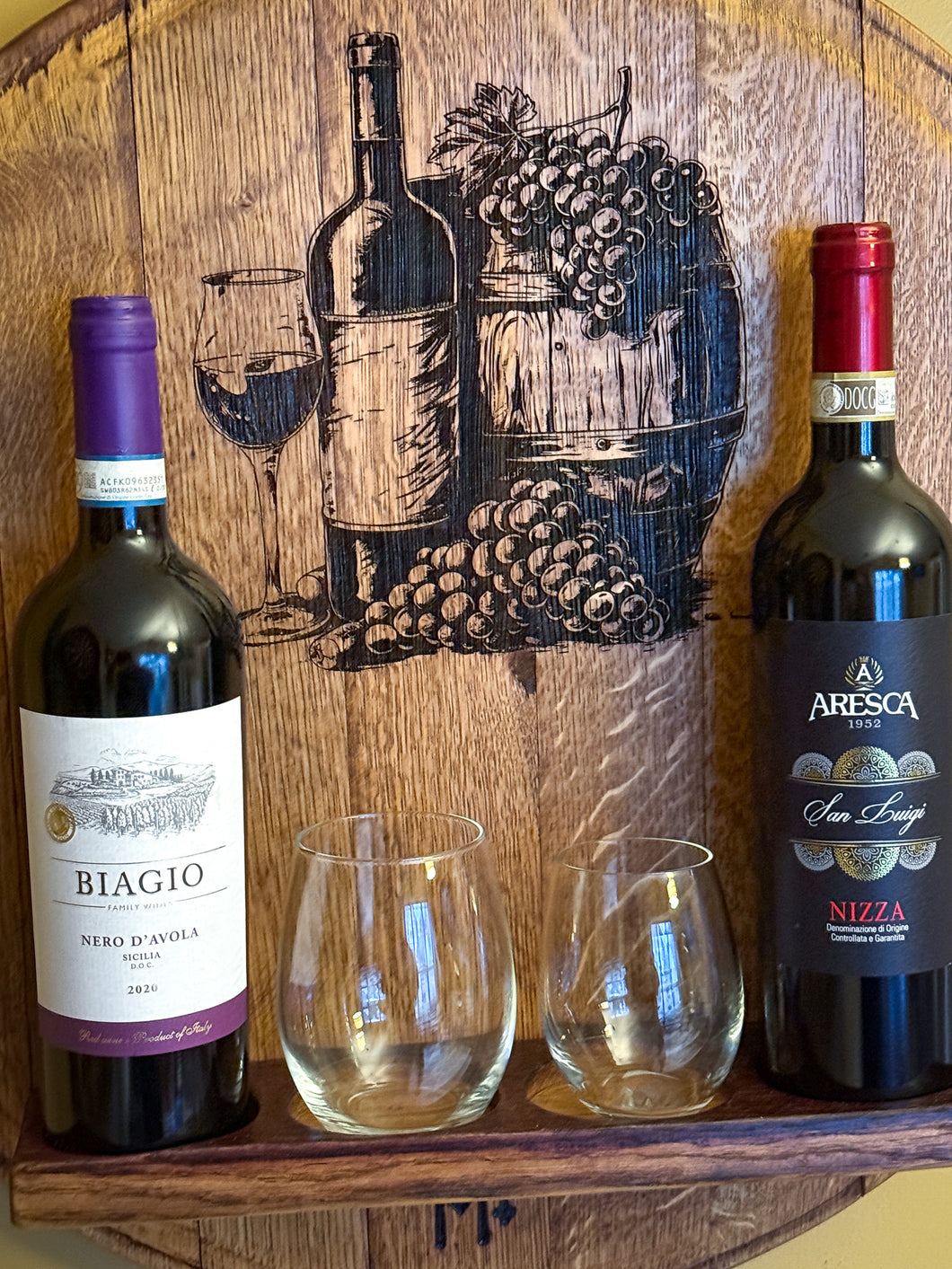 Wine Barrel Lid Bottle & Glass Display